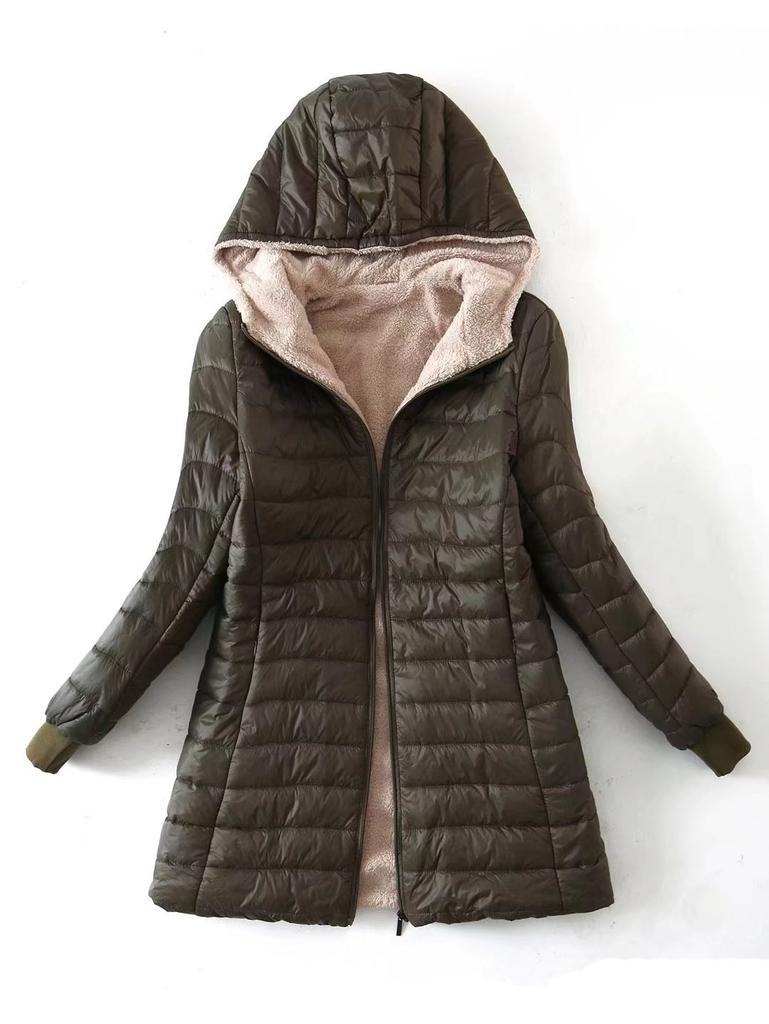 Women's Mid Length Autumn and Winter Plush Warm and Slim Fitting Cotton Jacket, Women's Oversized Casual Hooded Jacket