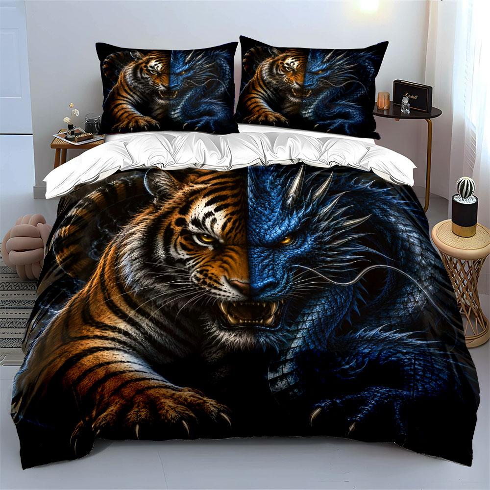 Tiger and Dragon Clash Design Bedding Duvet Cover Set (1*Duvet Cover 2*Pillowcases, Without Duvet Insert)