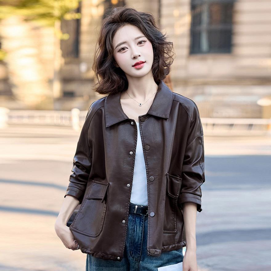 

Дизайнерская текстурированная кожаная куртка женская куртка весна и осень новая однобортная с лацканами топ куртка-локомотив короткая кожаная куртка L