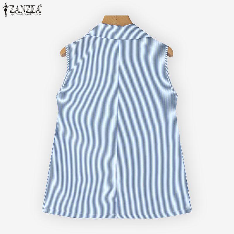 ZANZEA Women Casual Turn Down Collar Sleeveless Stripe Cardigan Vest