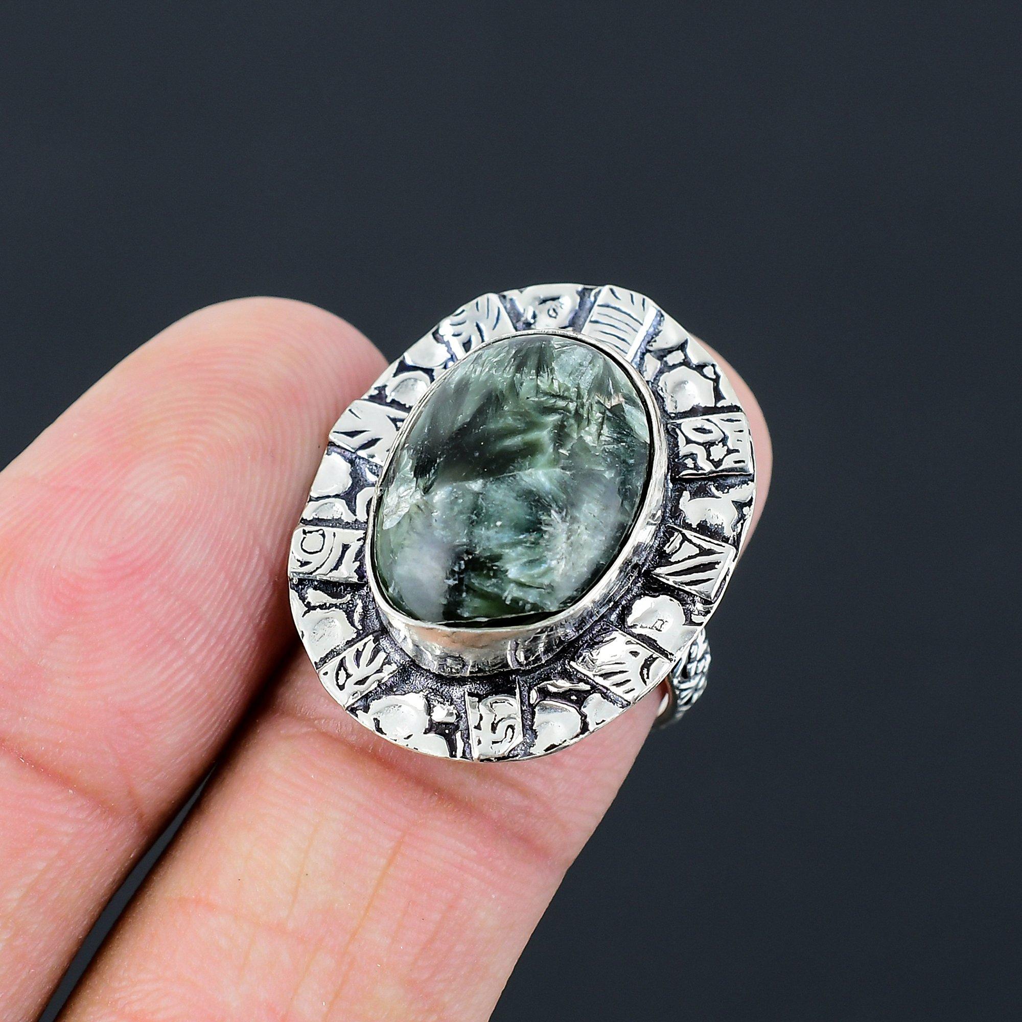 Seraphinite Gemstone Boho Statement Ethnic Ring Jewelry Size 7.5 Sterling Silver 7.5