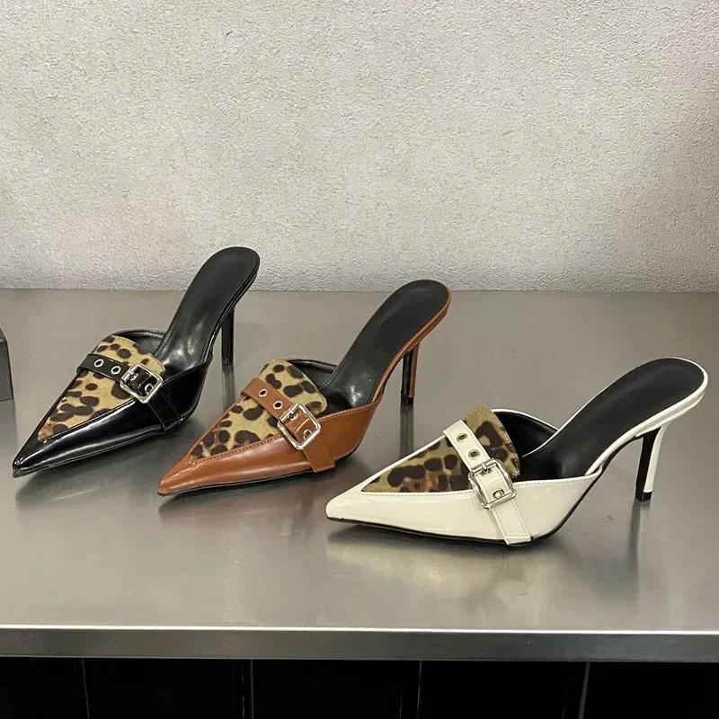 Fashion Leopard Pointed Toe Buckle Stiletto Women Heels Sexy Party Comfort Designer Mixed Color Dress Shoes Slides Women Shoes