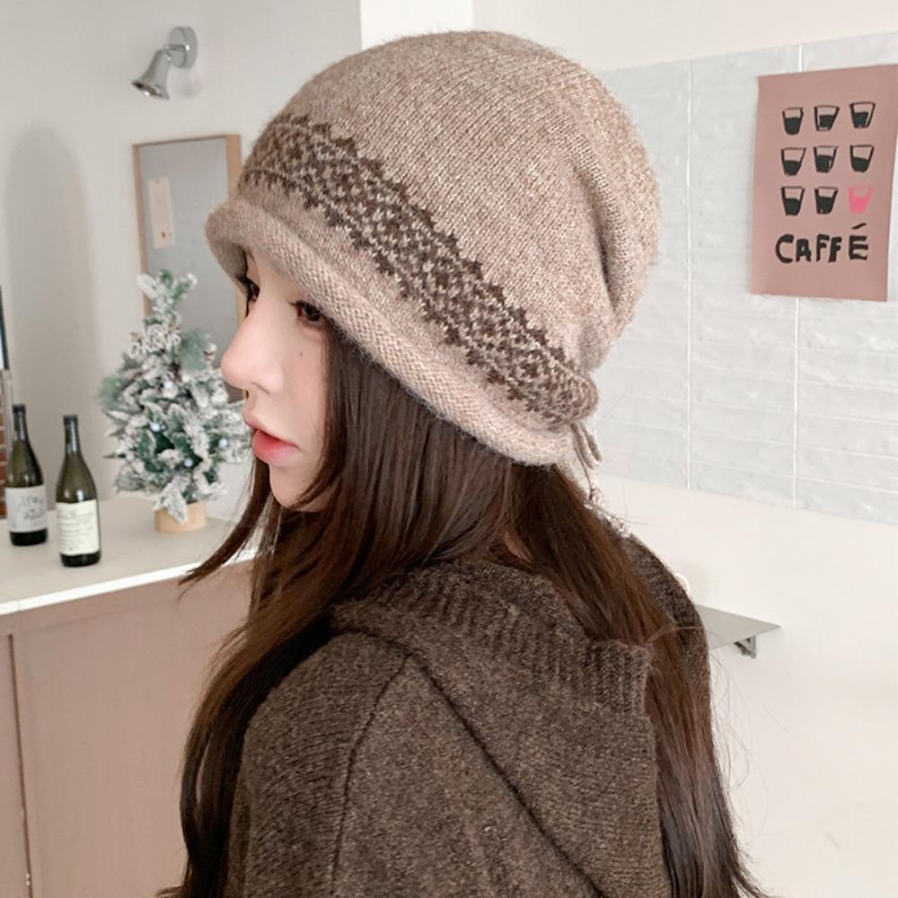 Vintage Women's Beanie Slouchy Fit Jacquard Knit Hat Durable Drawstring Knit Cap Daily Commute