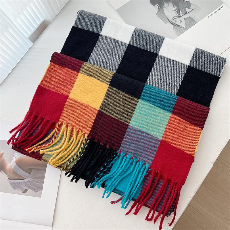 Fashion Rainbow Color Block Plaid Designer Winter Scarf Women Cashmere Shawl Stripe Blanket Wrap Outdoor Travel Warm Lady