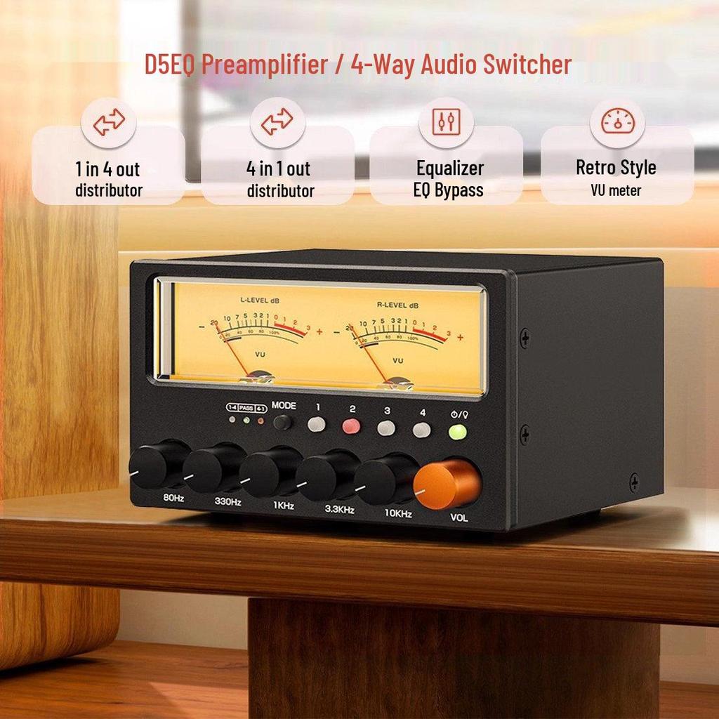 Little Bear D5 4-Way Audio Switcher with 5-Segment Stereo EQ & VU Meter HiFi Preamplifier