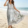 Vestido Midi de Verano para Mujer, Estilo Bohemio, Ajuste Holgado Casual, Estampado Degradado, Manga Corta, Cuello en V, Ropa de Playa
