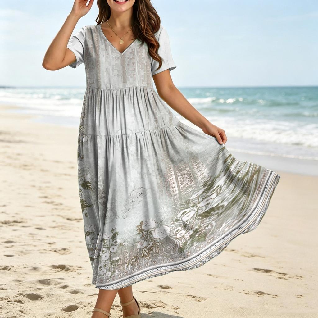 Vestido Midi de Verano para Mujer, Estilo Bohemio, Ajuste Holgado Casual, Estampado Degradado, Manga Corta, Cuello en V, Ropa de Playa