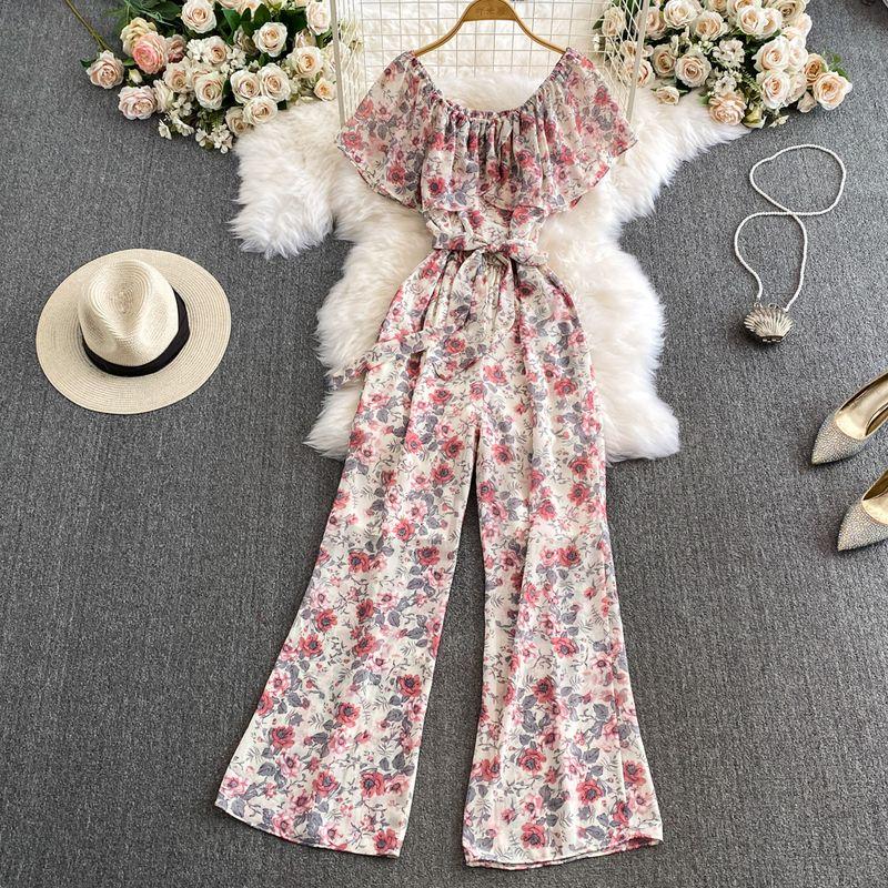 Women's Floral Loose Pants Jumpsuit Summer High Waist Waist-Tight Slimming Flounce off-Shoulder Jumpsuit Short Sleeve