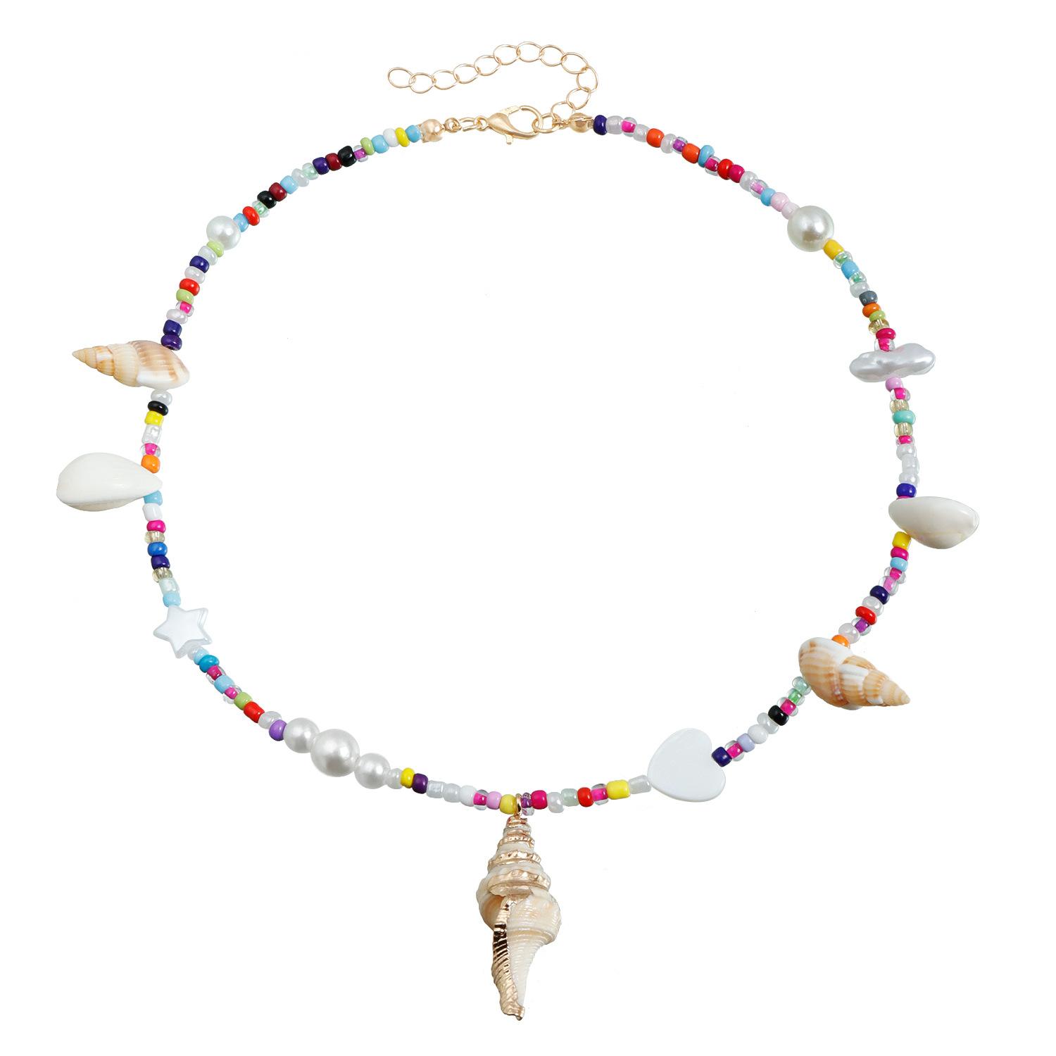 INS summer beach leisure vacation wind conch shell collarbone chain rice bead splicing necklace золотой