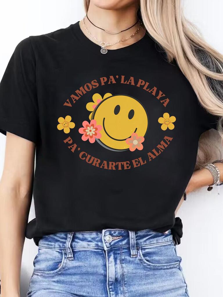 Women's Spanish Alphabet - Print T-Shirt - Spanish Language Learning, Casual Short Sleeve Round Neck Blouse for Spanish Class & Casual Attire