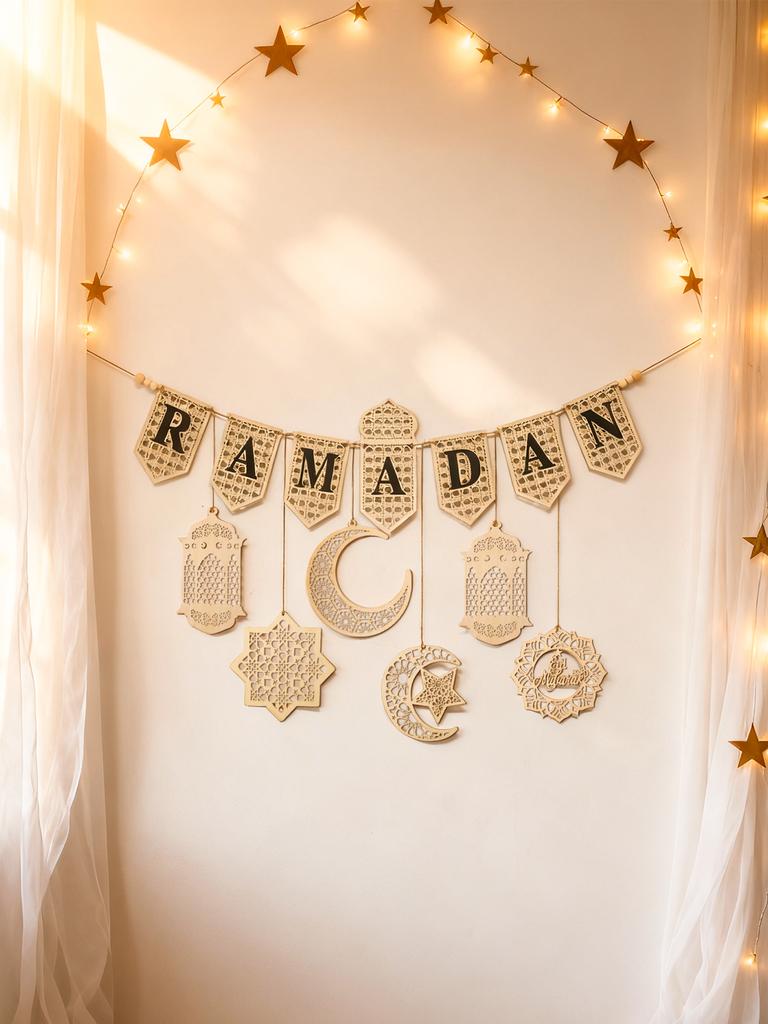 Ramadan Kareem Dřevěná Vlajková Girlanda - Islámský Měsíc Hvězda Lucerna Závěsná Dekorace pro Muslimský Festival Domácí Párty Nástěnná Ozdoba Dárek