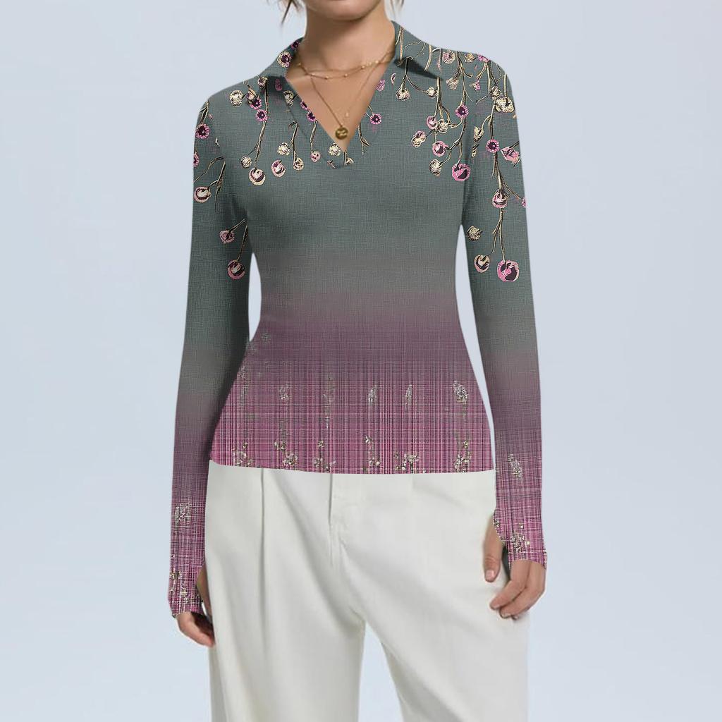 Women's Fashion Casual Print V-Neck Long Sleeve Button-Down Top