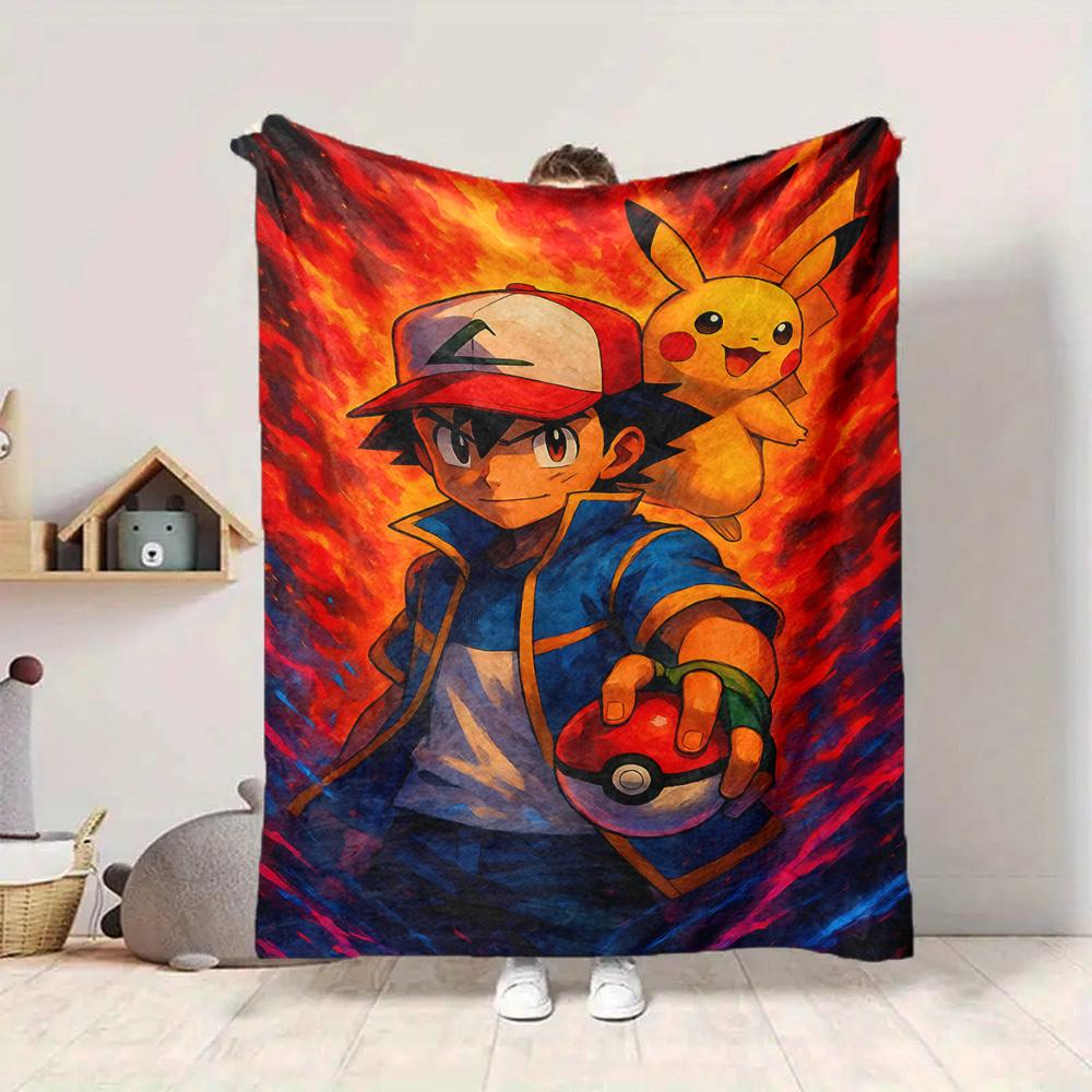 1pc Pokemon Flannel Throw Blanket HD Printed Lightweight Soft Warm All Season Blanket for Sofa, Bed, Travel, Camping Machine Washable