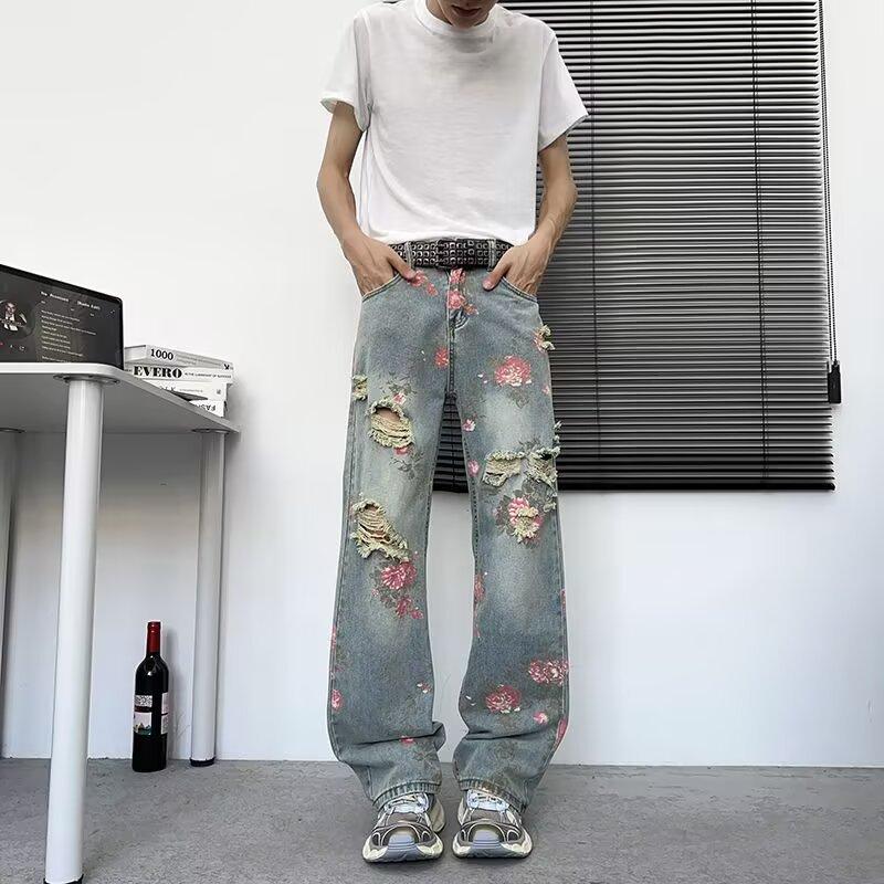 JYL Мужские Джинсы Цветочный Принт Рваные Стиранные Эластичные Укороченные Повседневные Денимовые 2XL
