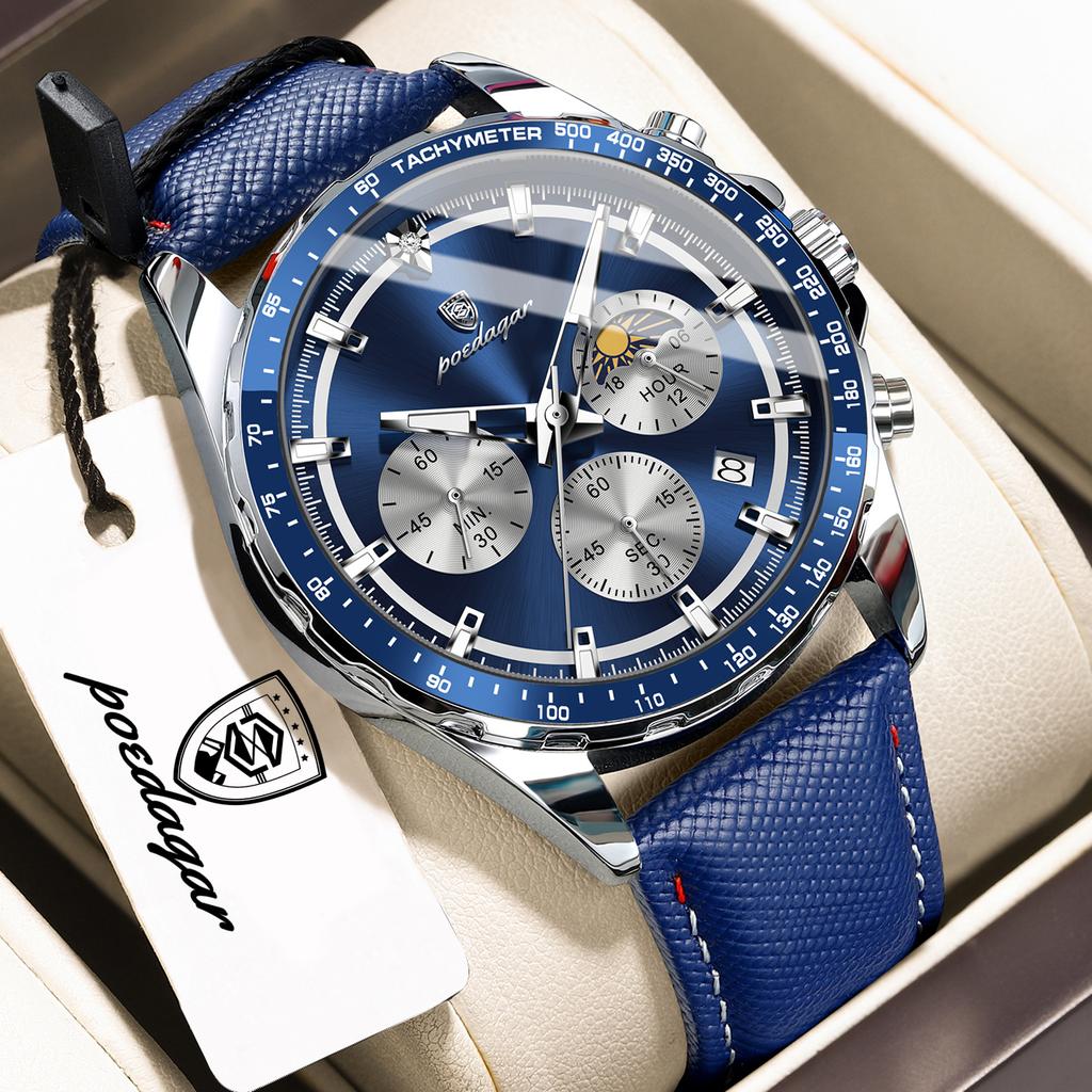 POEDAGAR Fashion Men's Watches High Quality Luminous Waterproof Male Wristwatch Leather Chronograph Date Sports Quartz Clock