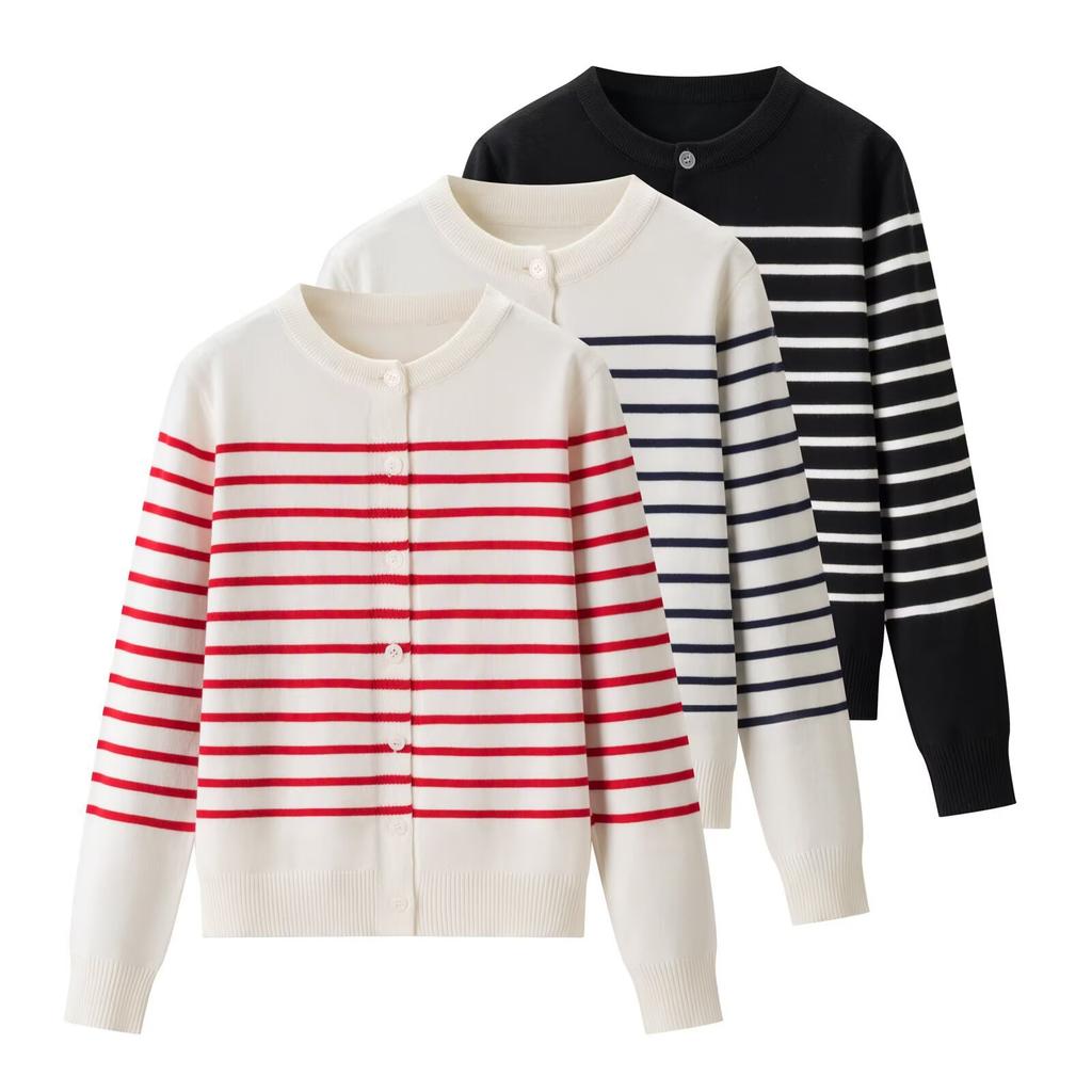 New, spring loose and thin striped crew-neck knitted cardigan
