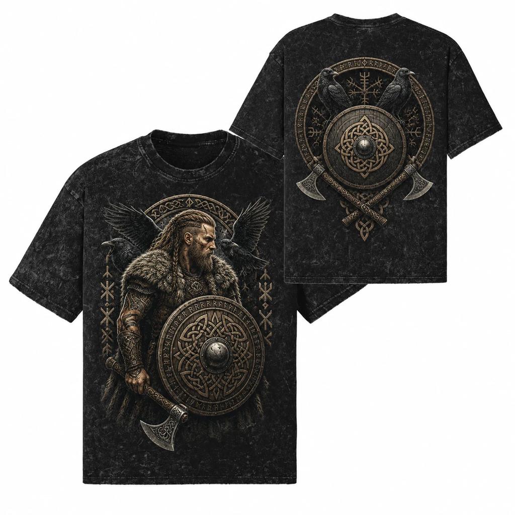 Viking Warrior Valhalla Sekera Tričko 260 GSM | Oversized Sněhově praná 100% Bavlna