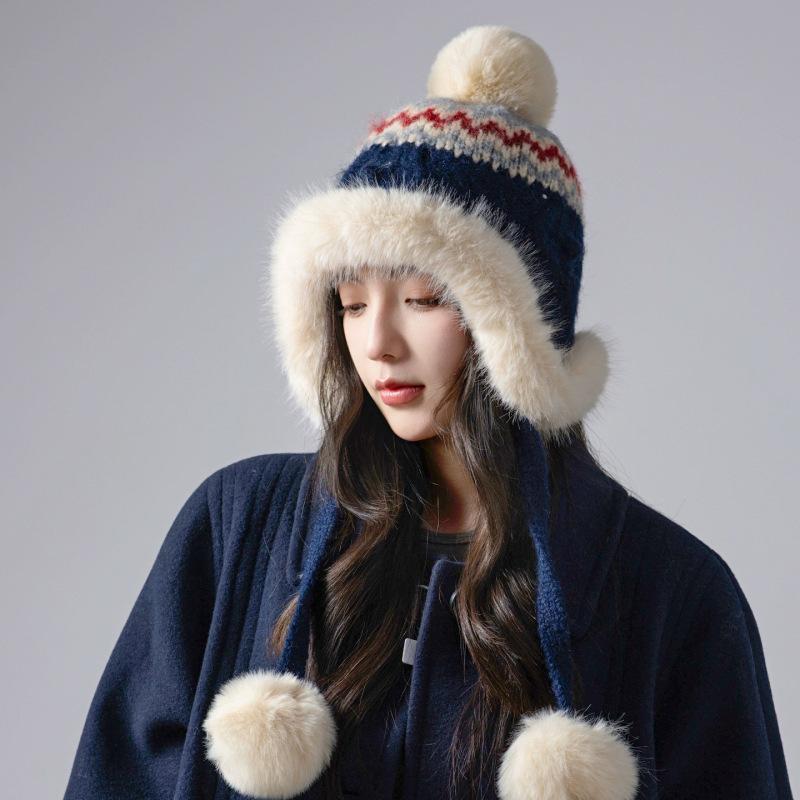 Fair Island contrasting color knitted wool hat women's season versatile big head circumference showing face small ear protection warm pullover hat
