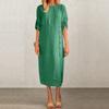 Ladies' Casual And Fashionable Solid Color Round Neck Short Sleeved Button Slit Mid Length Dress