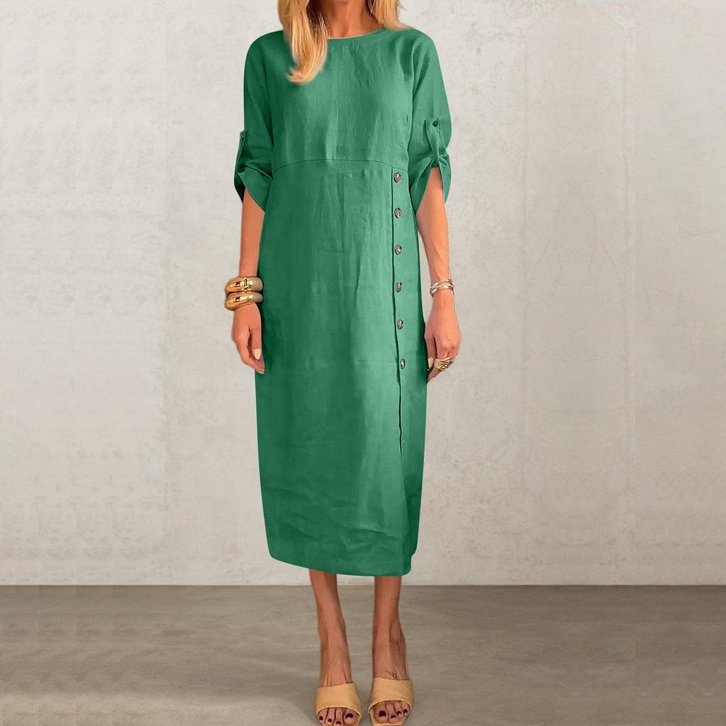 Ladies' Casual And Fashionable Solid Color Round Neck Short Sleeved Button Slit Mid Length Dress