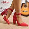 Aphixta 3.94/2.76Inch Super High Square Heels Pumps Women 2cm Belt Buckle Metal Buckle Strap Shoes Pointed Toe Big Size 35-53