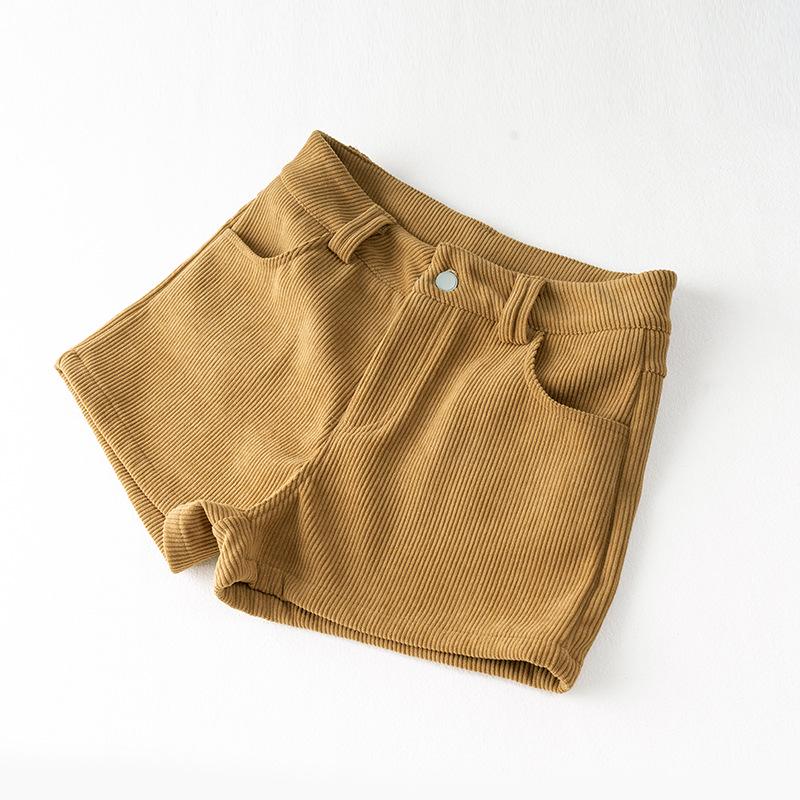 

Unisex Spring Khaki Corduroy High-Waist Wide-Leg Shorts - Slimming Coffee Color, Single Button Closure Small хаки