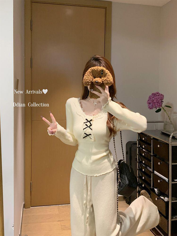 Korean Lace Patchwork Knitted Slim-fit Sweater for Women - 2025 Autumn/Winter Trendy Top