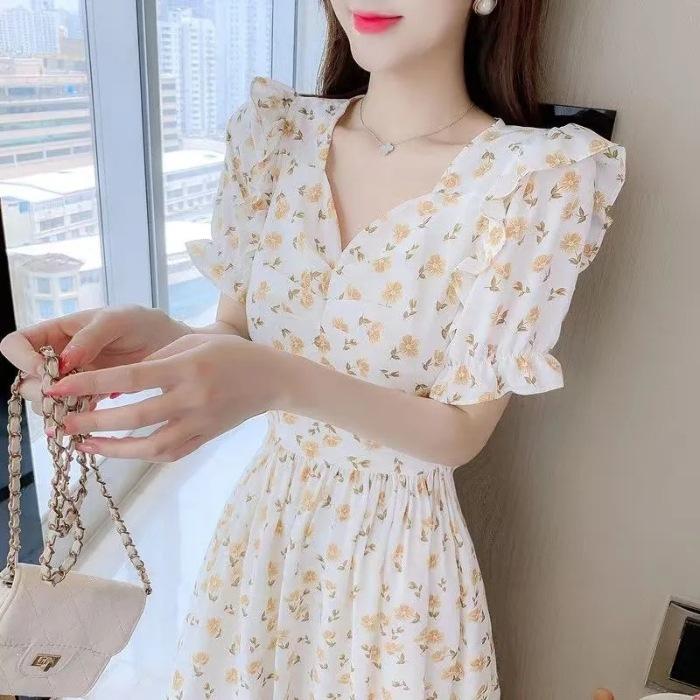Little fresh first love sweet yellow floral dress summer new thin meat covering fairy temperament dress S жёлтый