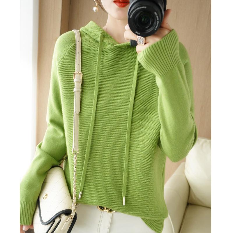 Women's Hooded Long Sleeve Loose Fit Knit Sweatshirt Solid Color Casual Pullover Winter Top