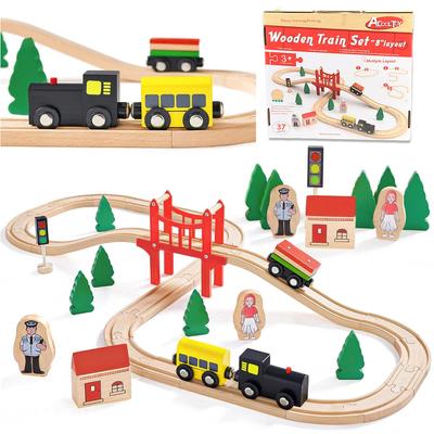 37 Pcs Wooden Train Toy Set for Toddler Boys Girls 3 4 with Tracks- Expandable, Changeable-Girls & Boys,Christmas Birthday Gift