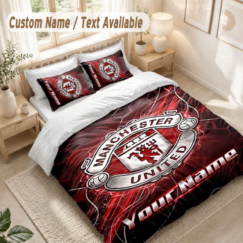 Custom Name Bedding Set 3 PiecesManchester United Print Duvet Cover + 2 Pillowcases Soft Bed Decor