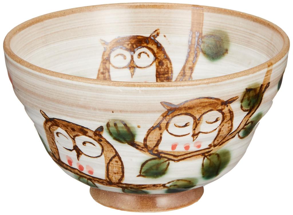 Mino Ware Rice Bowl Approx. 12cm Friendly Owl Red Made In Japan 132-1017