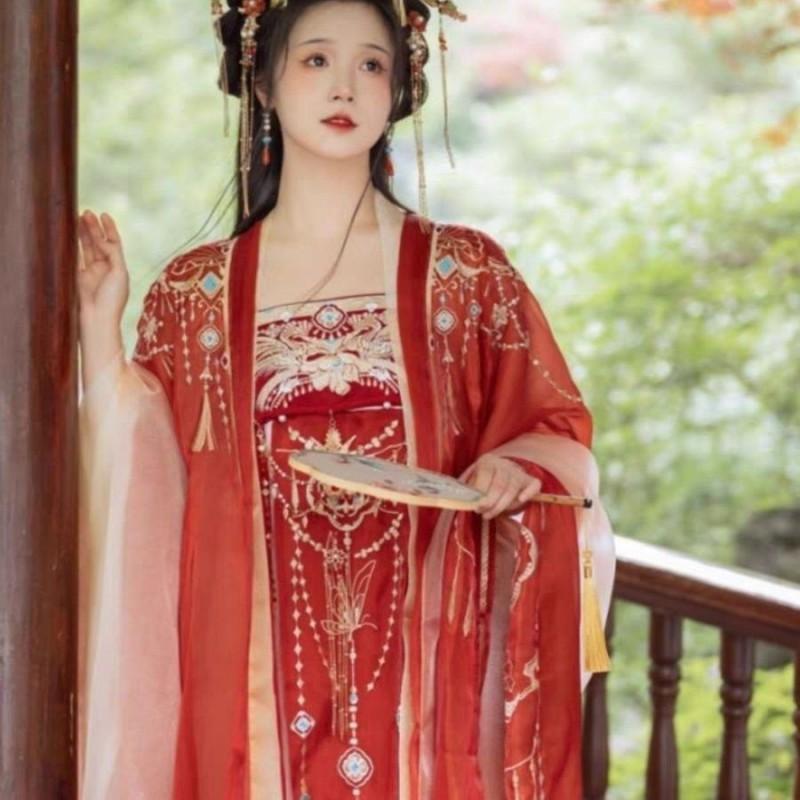 Womens Tang Dynasty Style Hanfu Set With Heavy Embroidery Wide Sleeve Top High-Waist Skirt