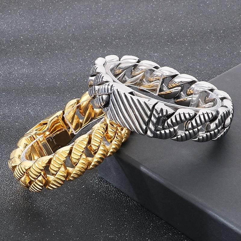 Kalen 20/33mm Stainless Steel Chunky Bracelet for Men Vintage Striped Cuban Chain Cuff Bracelets Personalized Cool Party Jewelry