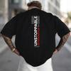 Men's Black Oversized T-Shirt with Vertical 'Unstoppable Determination' Graphic Print, Short Sleeve Crew Neck Soft Cotton Tee for Streetwear Casual