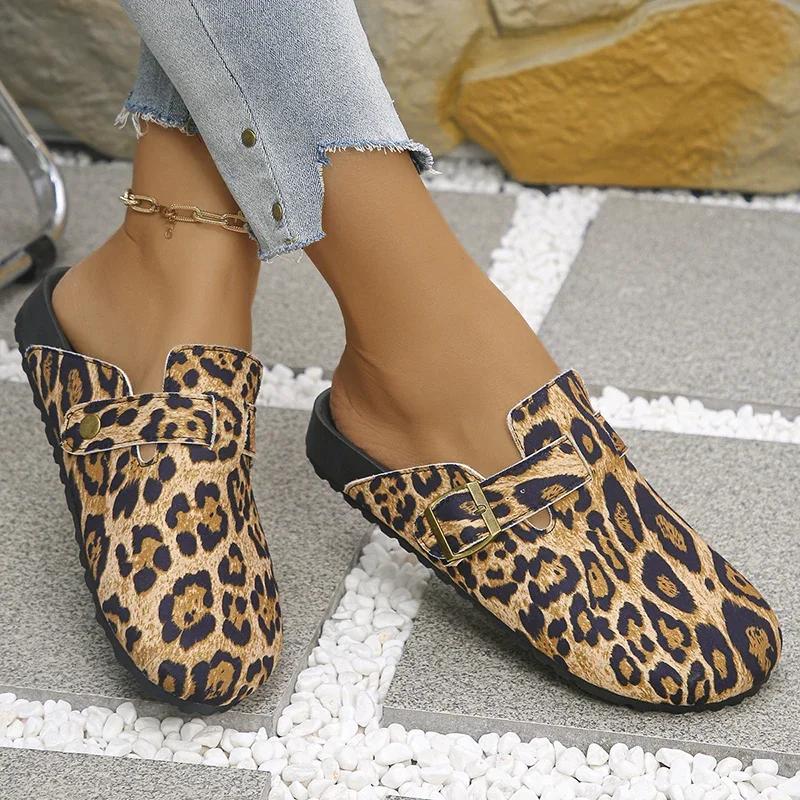 Fashion Leopard Print Mules Slippers Women 2025 Plus Size 35-42 Platform Clogs Shoes Woman Buckle Design Half Slippers Female