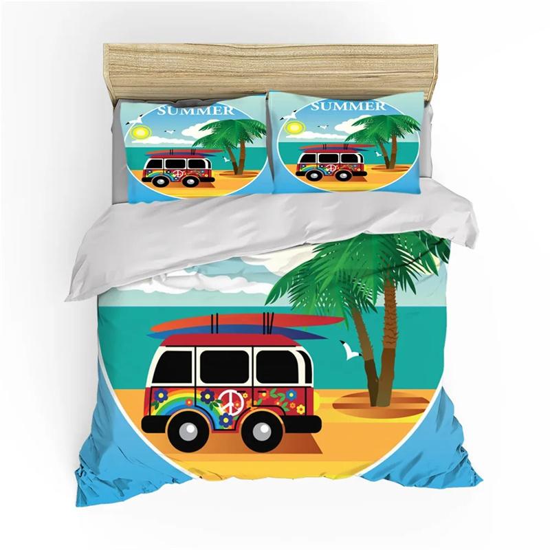 Surf Duvet Cover Hippie Classic Old Bus Surfboard Freedom Holiday Exotic Life Sketchy Art Yellow Orange Room Decor for Women Men