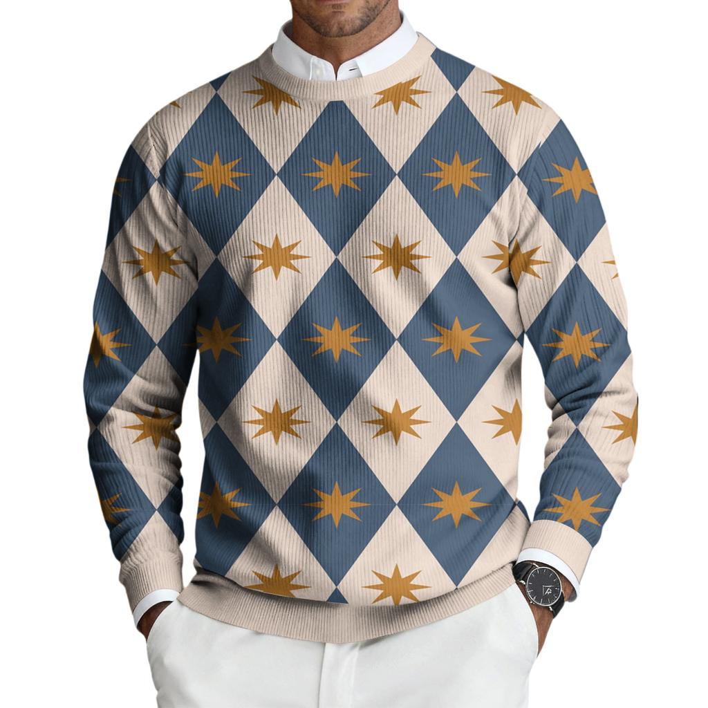 Pulôver Masculino de Tricô Canelado de Manga Comprida e Gola Redonda