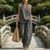 Completi due pezzi in cotone e lino da donna Top senza maniche con scollo a V e incrocio Pantaloni a gamba larga coordinati Outfit estivi per vacanze e relax