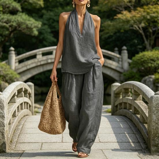Completi due pezzi in cotone e lino da donna Top senza maniche con scollo a V e incrocio Pantaloni a gamba larga coordinati Outfit estivi per vacanze e relax