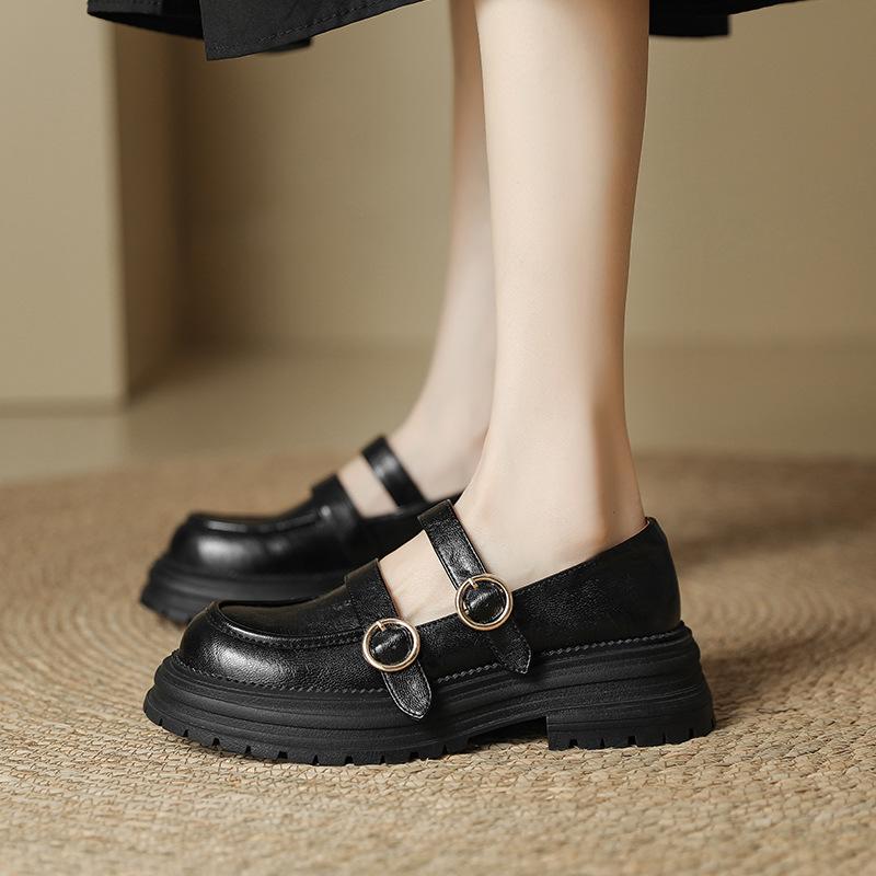 Retro British Style Small Leather Shoes for Women 2025 Spring and Autumn New Thick-soled One-word with Light Thick Heel Loafers Single Shoes for Women