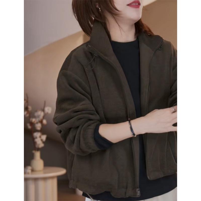 Women's Wool Blend Casual Loose Zipper Jacket - Autumn/Winter Stand Collar Slimming Top