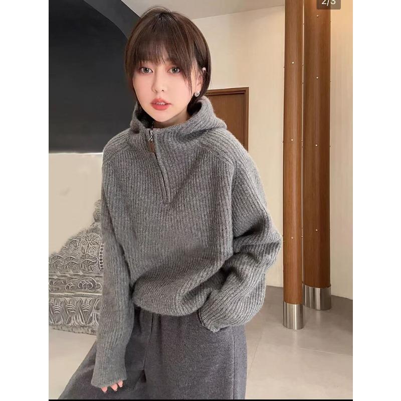 Hooded half-zipper sweater women's new winter lazy high-end retro knitted jacket long-sleeved top