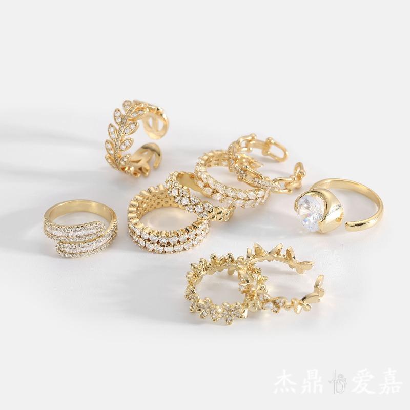 Vacuum Electroplated Gold Small Ornaments, Brass Strip with Zircon Jewelry, Shiny Full Women's Open Ring Jewelry.