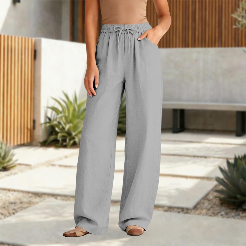 Women's Casual Relaxed Fit High-Waisted Belted Pocket Cotton-Linen Blend Trousers