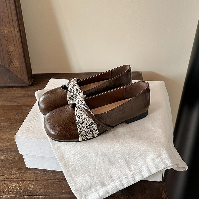 French Retro Round Head Shallow Mouth Single Shoes Women's Spring New Ballet Mary Jane Shoes Casual Soft Leather Flat Grandma Shoes