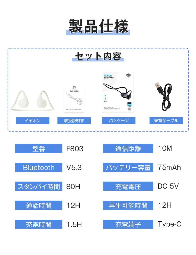 Meisei Bluetooth Wireless Bluetooth Open Up to 12 Hours of Lightweight Waterproof and for Compatible with iPhone White Earphones, Headset, 5.3,