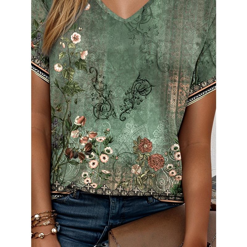 Women's T Shirt Print Ombre Floral Graphic Elegant Vintage Casual Short Sleeve V Neck Regular Tops Daily