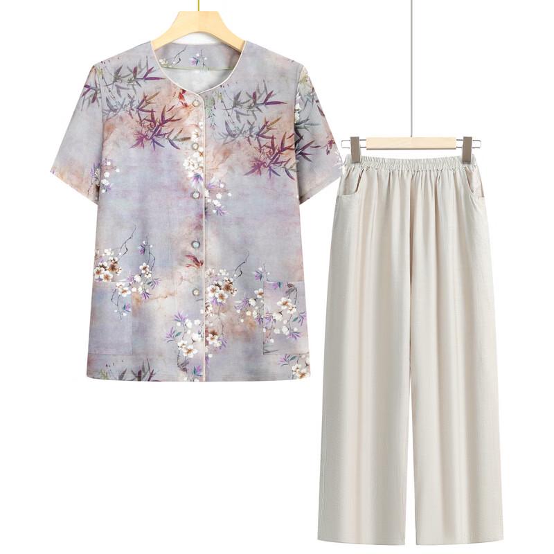 LangSha Elderly Women's Summer Floral Short Sleeve Set