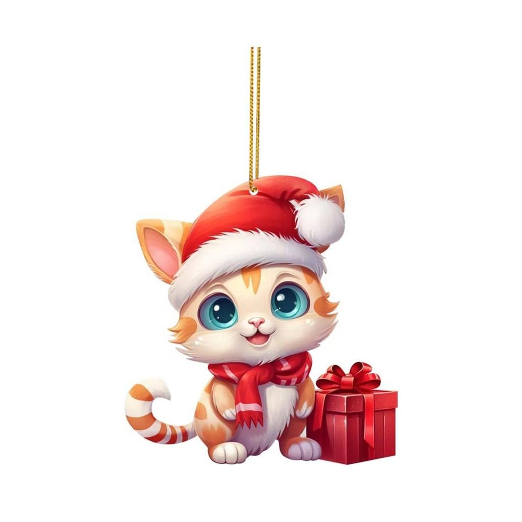 Whimsical Cartoon Style Christmas Cat Hanging Decoration For Cars In Colorful Acrylic Design
